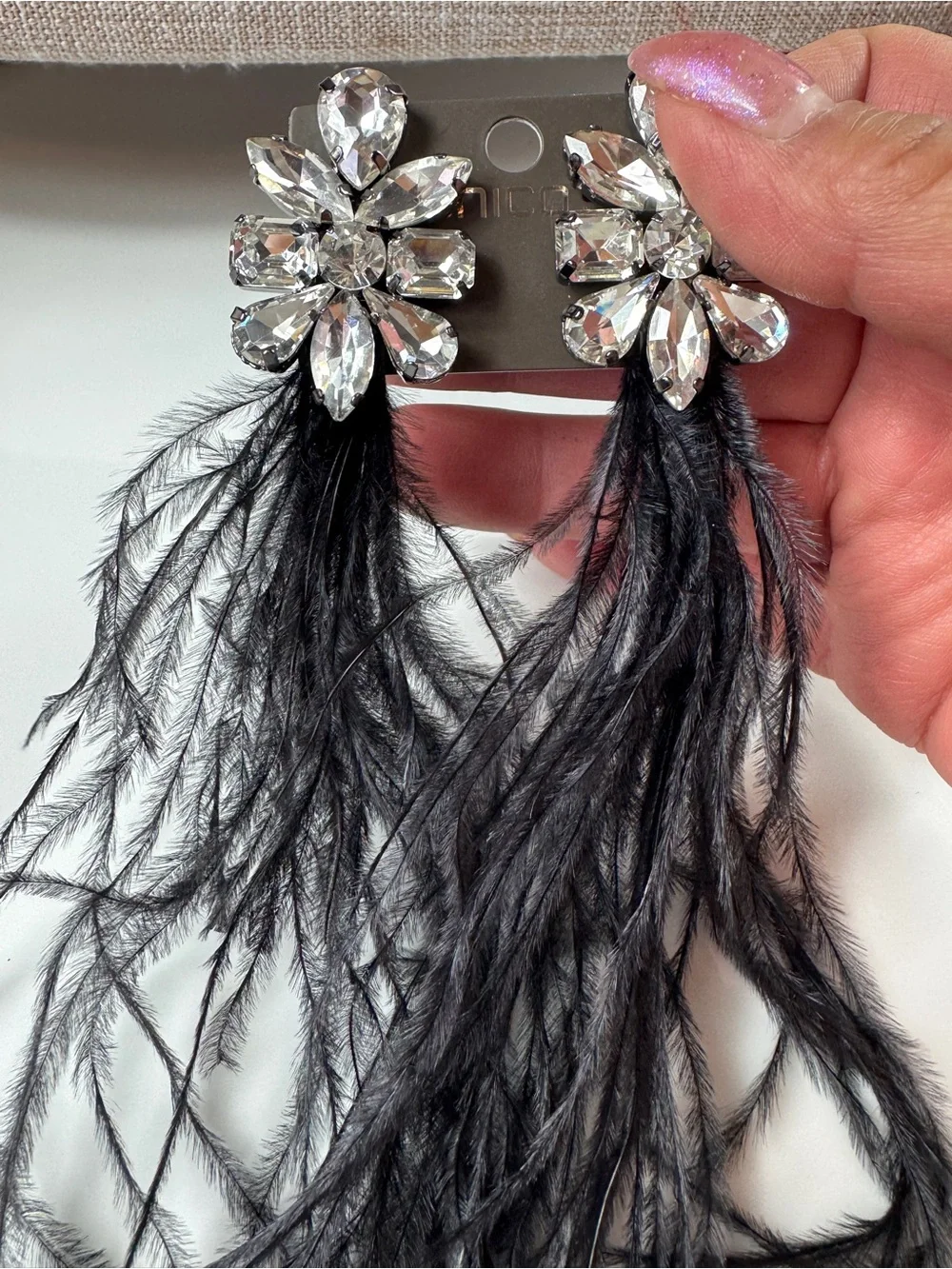 Chico's Crystal Flower Earrings with Black Feathers